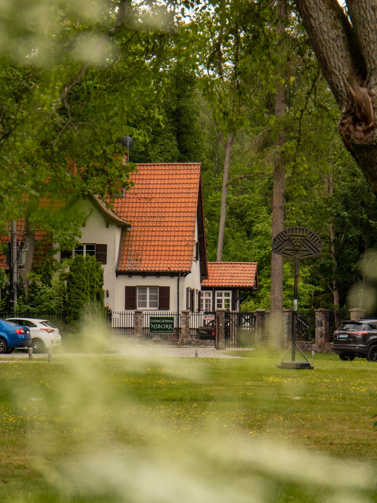 Leśniczówka widziana zza wysokich drzew