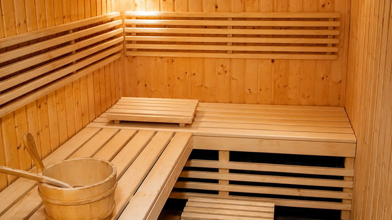 Sauna z ciepłym drewnem i przytłumionym światłem